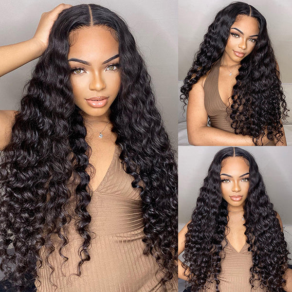 Glueless Wig for Beginners 180% Density Deep Wave 13x4 Lace Front Wig Pre Plucked and Bleached