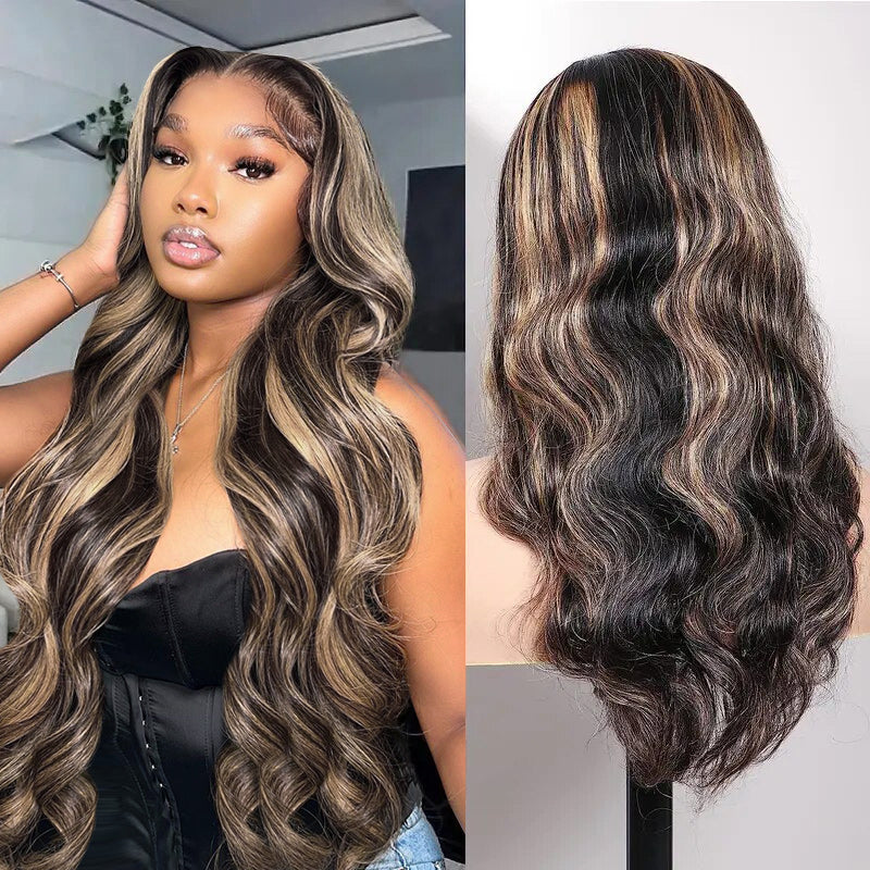 Honey Blonde Highlights 13x6 Body Wave Lace Front Wig Transparent Lace Pre Plucked P1B/27 Color