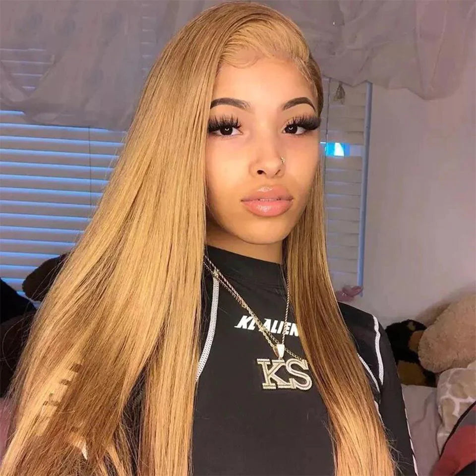 OneMore #27 Honey Blonde Lace Front Wig Straight Hair 13x4 HD Transparent Lace Glueless Wigs Milk Tea Brown Color Hair