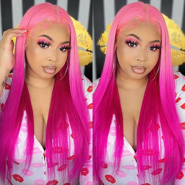 OneMore 200% Density Ombre Barbie Rose Pink Wig Real Straight Human Hair Wig Lace Front Wigs Pre-Plucked