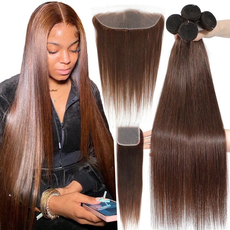 Dark Brown Color Straight Brazilian Human Hair Weave Bundles With HD Lace Front Human Hair Extensions For Women
