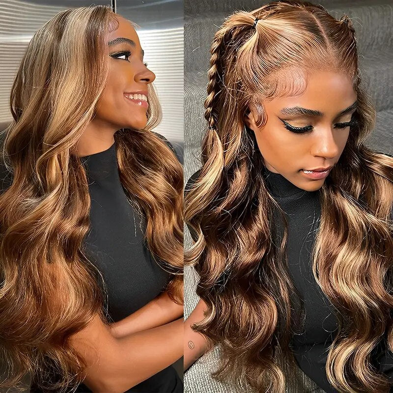Honey Blonde Highlight Wig Glueless Body Wave Human Hair Wig Bleached Knots 13x4 HD Lace Front Wigs