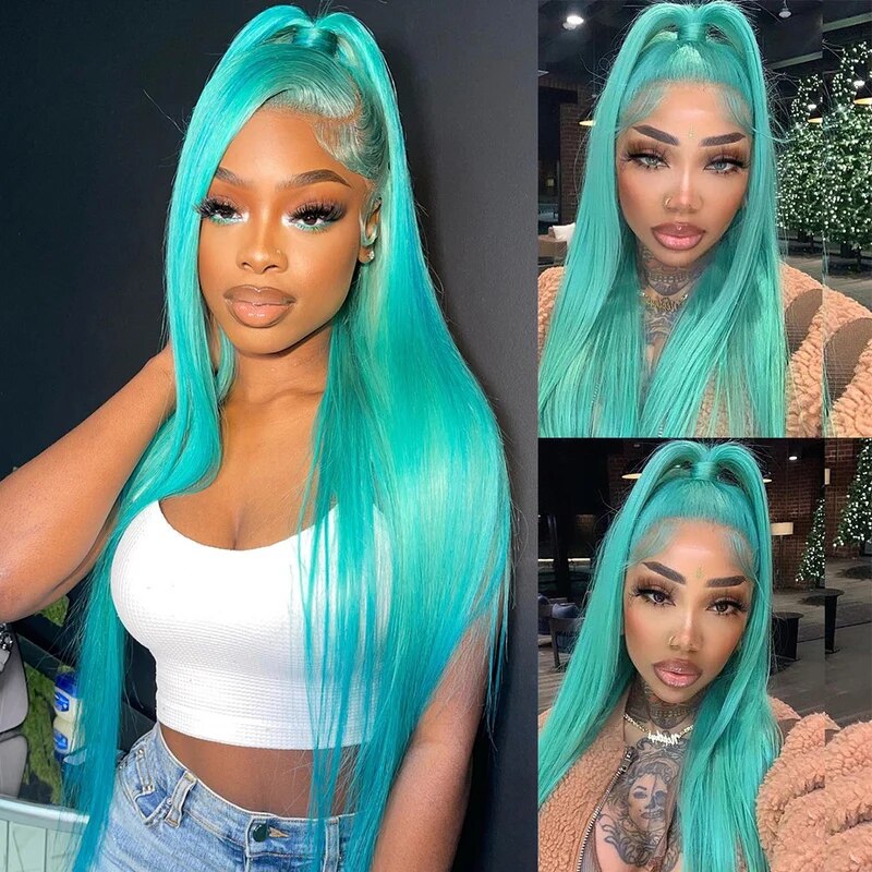 OneMore Mint Green Color Real Human Hair Wig HD Transparent Lace Human Hair Wigs Tiffany Blue Color