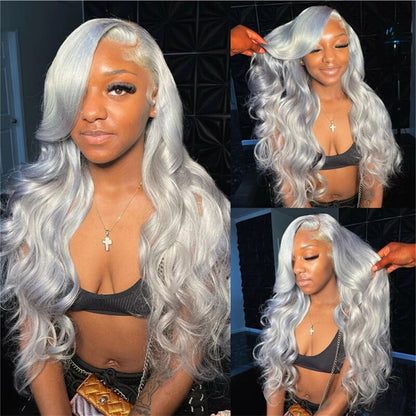 OneMore Silver Grey Body Wave 13x4 HD Lace Front Wig Glueless Colored Human Hair Wigs