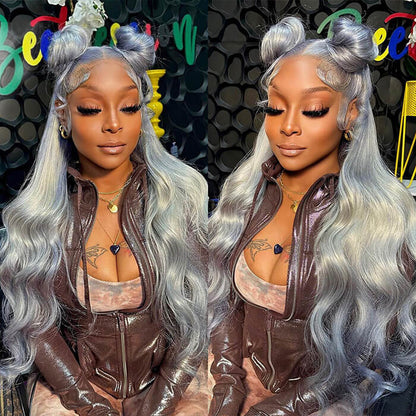OneMore Silver Grey Body Wave 13x4 HD Lace Front Wig Glueless Colored Human Hair Wigs
