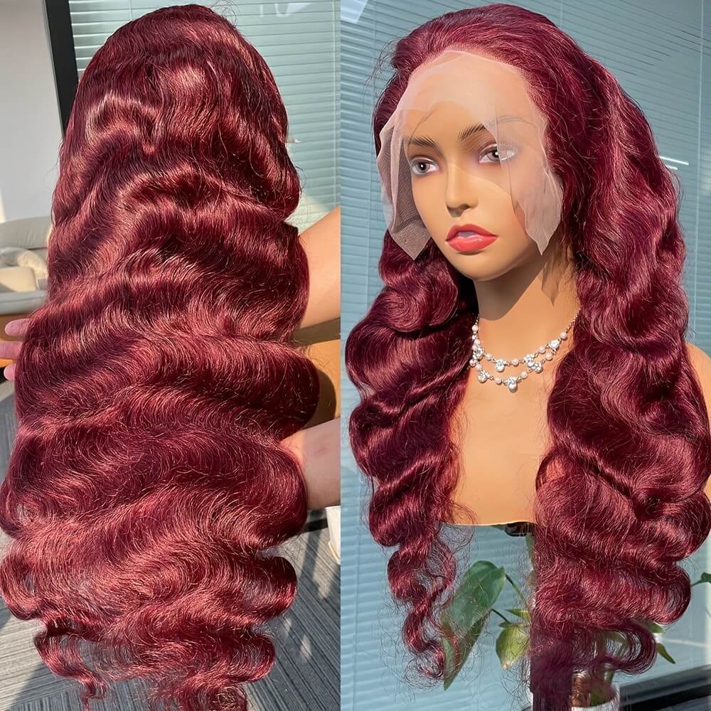 OneMore 99J Burgundy Wigs Body Wave Glueless Human Hair Wigs 13x4 Tansparent Lace Frontal Wig