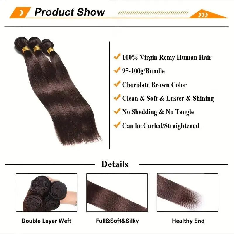 Dark Brown Color Straight Brazilian Human Hair Weave Bundles With HD Lace Front Human Hair Extensions For Women