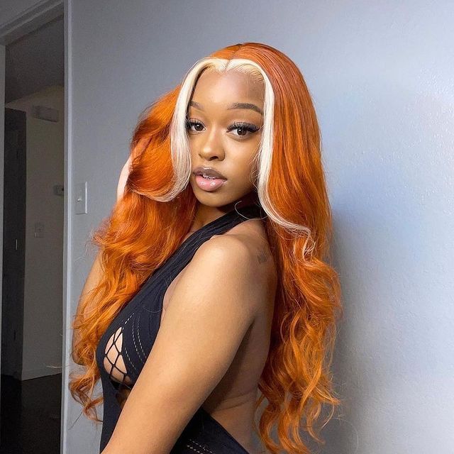 Ginger Hair Color with Blonde Highlights Body Wave Lace Frontal Wig Human Hair Skunk Stripe Wig