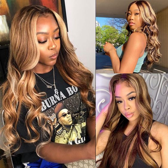 Highlights Ombre Lace Front Wig Body Wave Transparent Lace Brown with Blonde Highlights Wig