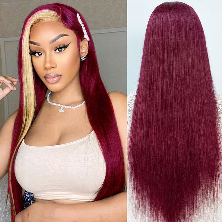 Skunk Stripe Hair Burgundy Color 13x4 Lace Front Wig 99J Hair Color Glueless Wigs for Beginners