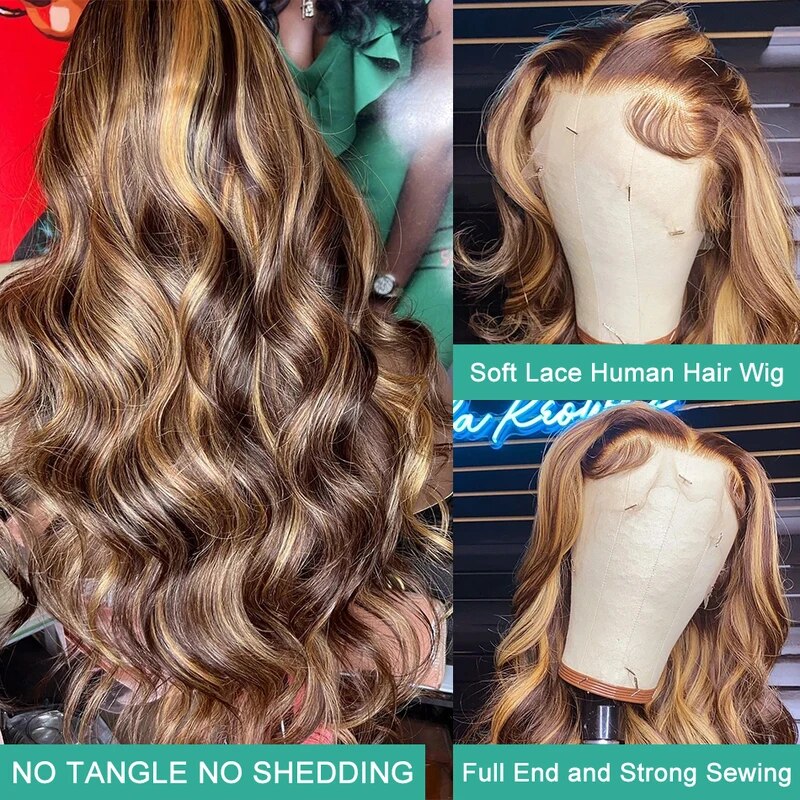 Glueless HD Lace Wig Body Wave Wig Bleached Knots Honey Blonde Highlight 13x4 Lace Front Wigs