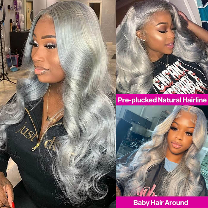 OneMore Silver Grey Body Wave 13x4 HD Lace Front Wig Glueless Colored Human Hair Wigs