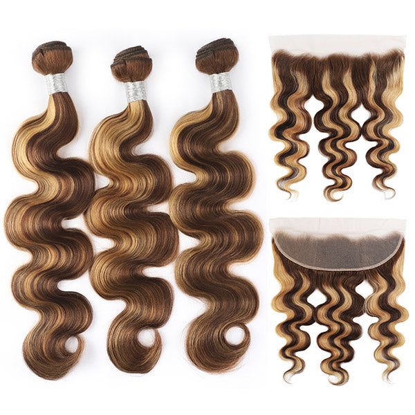 Highlight Bundles with Frontal Ombre Body Wave 3 Bundles with 13x4 Lace Frontal Closure