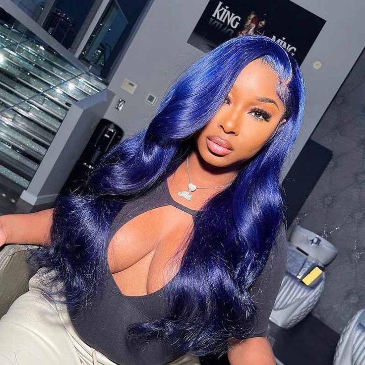 Dark Blue Color Human Hair Wigs Body Wave Transparent 13x4 Lace Frontal Wig Midnight Blue Hair Color