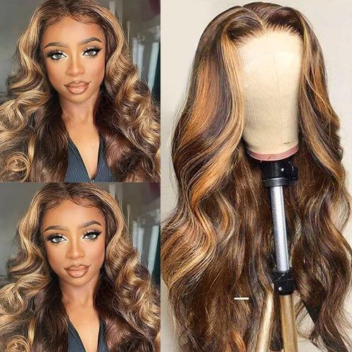 Highlights Hair Body Wave Lace Front Wig Transparent Lace Brown Hair with Blonde Highlights Wigs