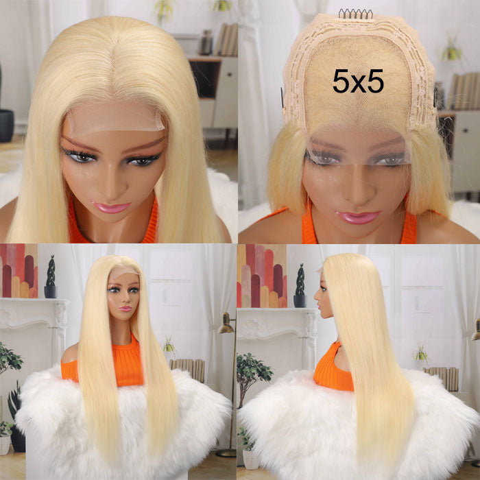 HD Transparent 613 Blonde Glueless 5x5 Lace Wigs Straight Colored Human Hair Wig 180% Density
