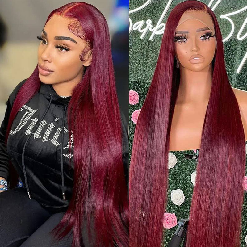 OneMore Burgundy Hair Straight Human Hair Wigs Transparent 13x4 Lace Front Wig Pre Plucked