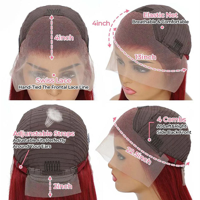 OneMore Burgundy Hair Straight Human Hair Wigs Transparent 13x4 Lace Front Wig Pre Plucked
