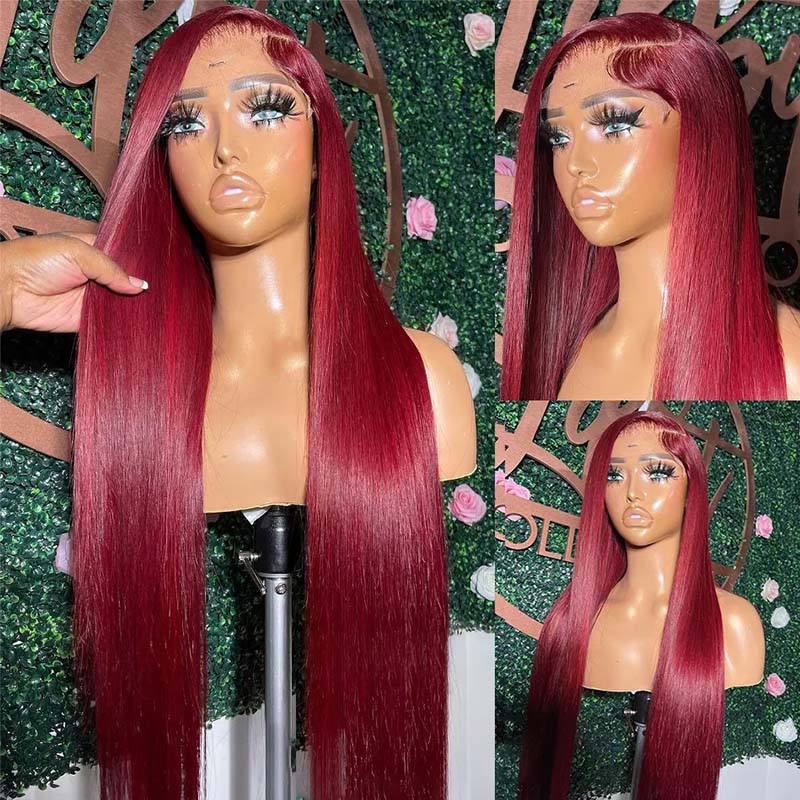OneMore Burgundy Hair Straight Human Hair Wigs Transparent 13x4 Lace Front Wig Pre Plucked