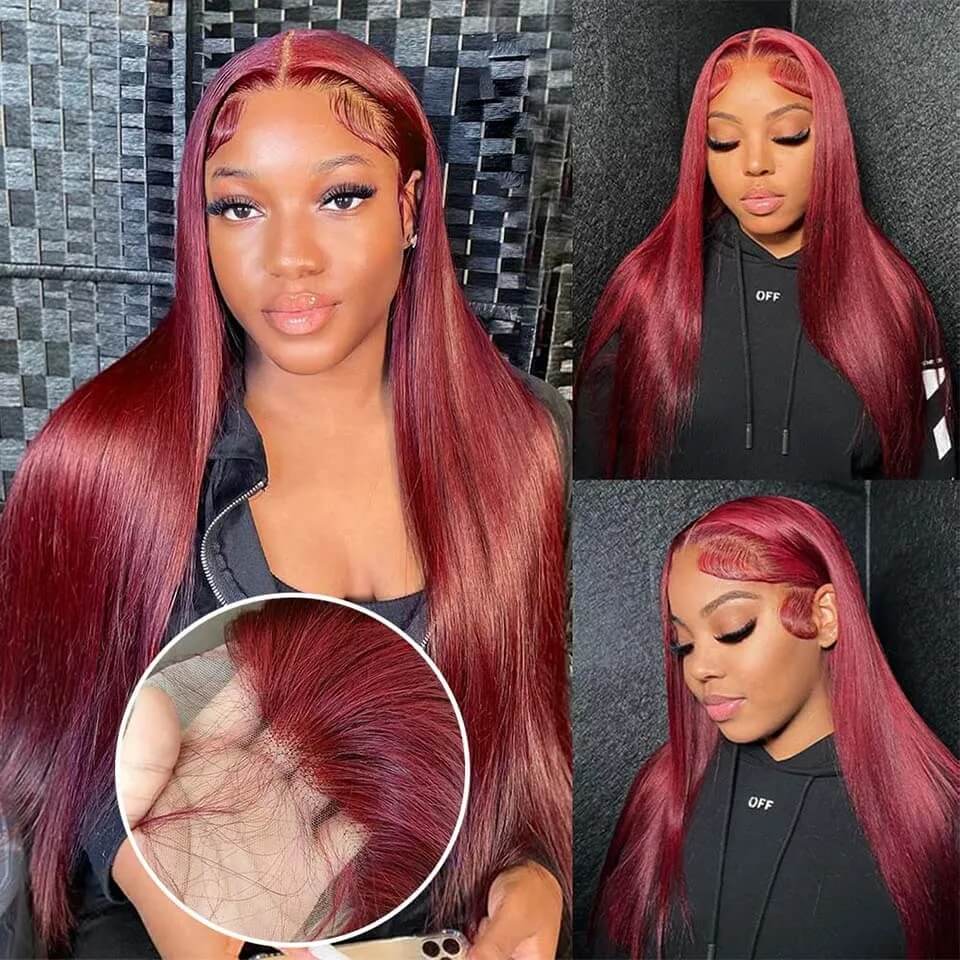 OneMore Burgundy Hair Straight Human Hair Wigs Transparent 13x4 Lace Front Wig Pre Plucked