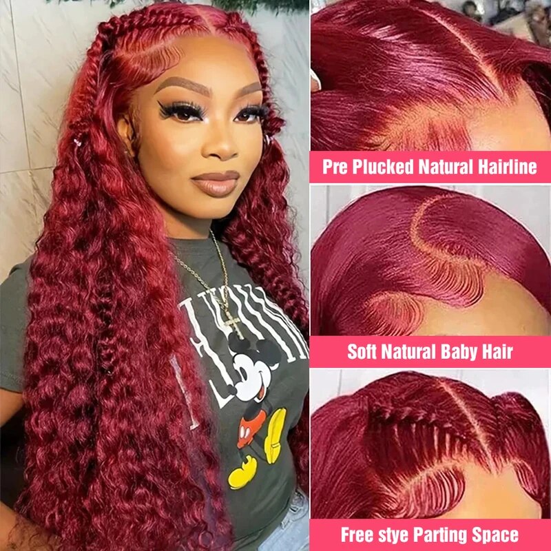 OneMore 250% HD Lace 99J Deep Wave 13x4 Lace Front Wig Burgundy Color Pre Plucked Glueless Wig