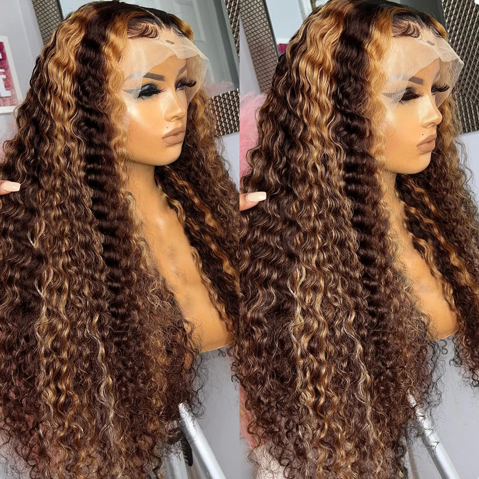 OneMore Honey Blonde Highlight Deep Wave Wig 13x4 Lace Front Wig Colored Human Hair Lace Wig