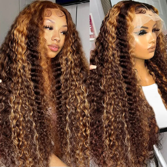Highlights Hair Deep Wave 13x4 Lace Frontal Wig Brown Hair with Blonde Highlights Glueless Wigs Human Hair