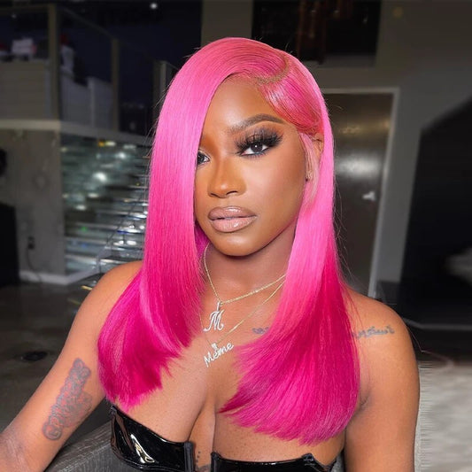 OneMore 200% Density Ombre Barbie Rose Pink Wig Real Straight Human Hair Wig Lace Front Wigs Pre-Plucked