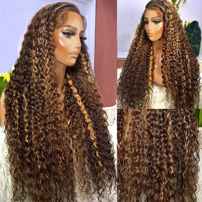 Highlights Hair Deep Wave 13x4 Lace Frontal Wig Brown Hair with Blonde Highlights Glueless Wigs Human Hair