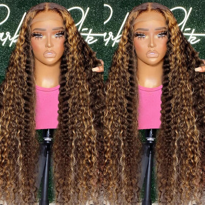 Highlights Hair Deep Wave 13x4 Lace Frontal Wig Brown Hair with Blonde Highlights Glueless Wigs Human Hair