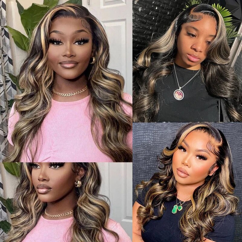 Honey Blonde Highlights 13x6 Body Wave Lace Front Wig Transparent Lace Pre Plucked P1B/27 Color