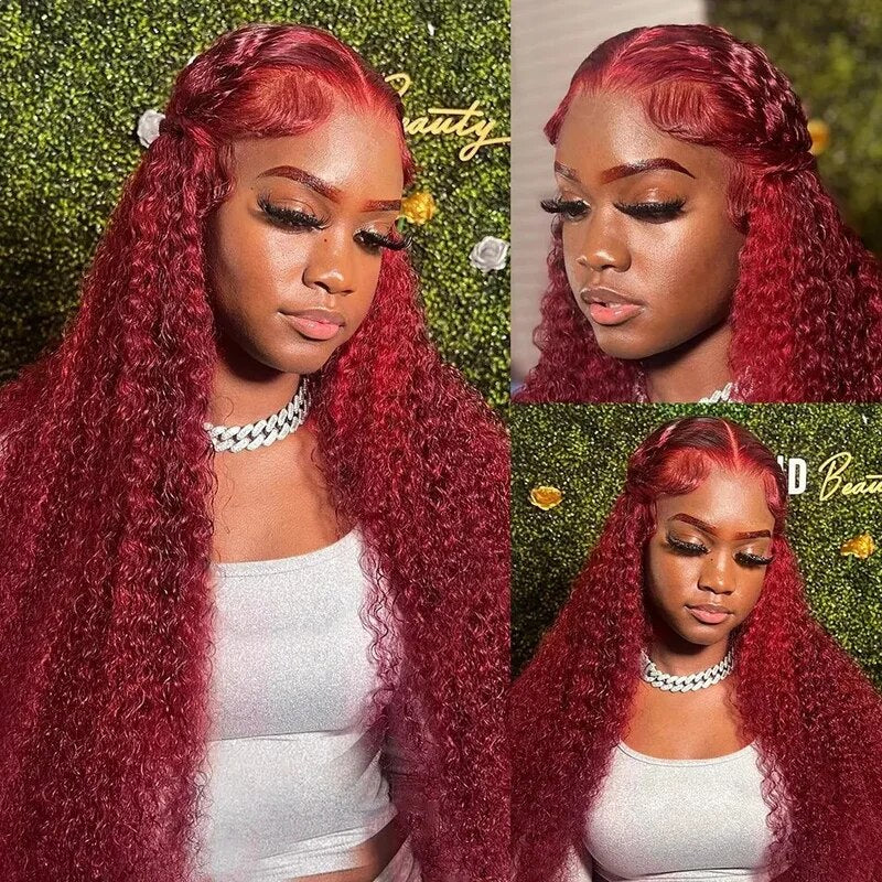 OneMore Burgundy Hair Curly Wig Glueless HD Lace Frontal Wigs 99J Color Human Hair Wigs 30inch