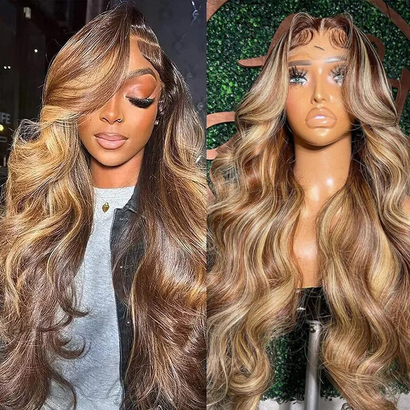 Honey Blonde Highlight Wig Glueless Body Wave Human Hair Wig Bleached Knots 13x4 HD Lace Front Wigs