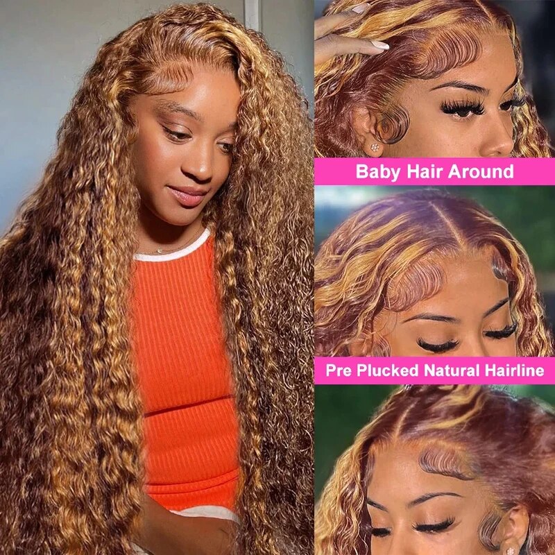 OneMore Honey Blonde Highlight Deep Wave Wig 13x4 Lace Front Wig Colored Human Hair Lace Wig