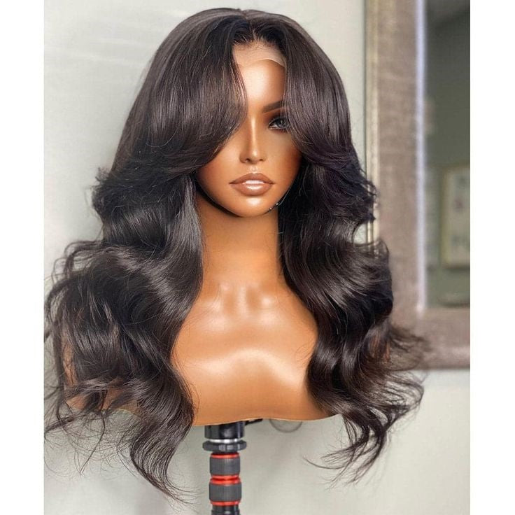Glueless Body Wave Curtain Bangs 13x4 Lace Frontal Wig Pre Styled Layered HD Lace Wig