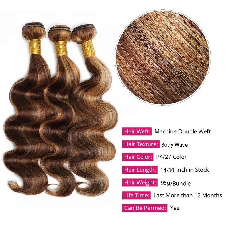 Body Wave Human Hair Weave 3 Bundles with 4x4 Lace Closure Ombre Hair