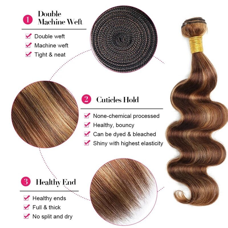 Body Wave Human Hair Weave 3 Bundles with 4x4 Lace Closure Ombre Hair