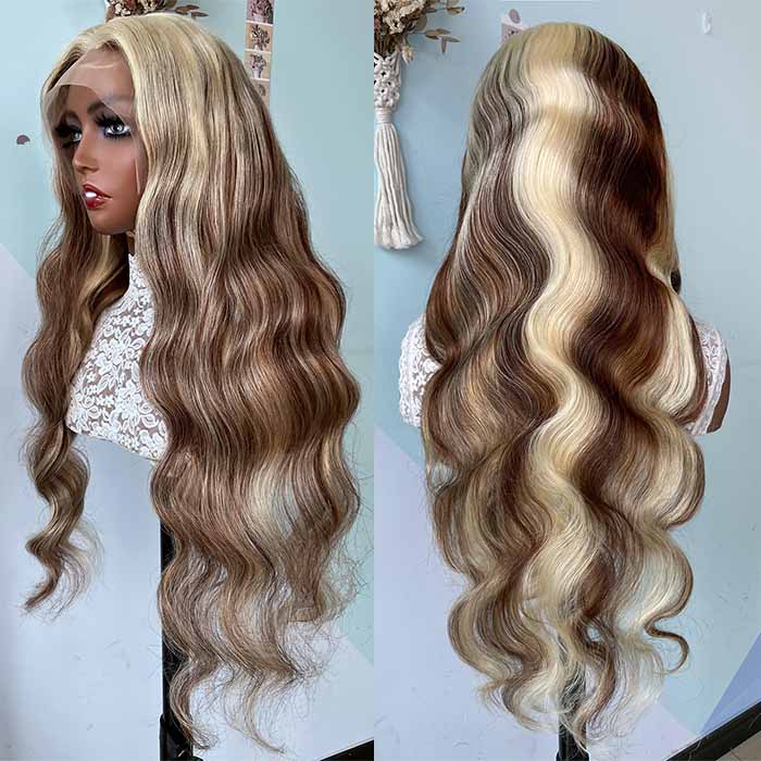 Balayage Hair Blonde Lace Front Wig Transparent Lace Glueless Human Hair Wigs Dark Brown with Blonde Highlights