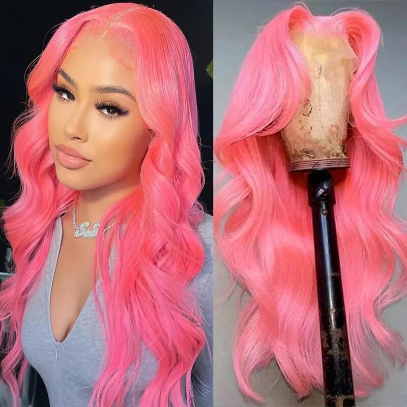 OneMore Barbie Pink Body Wave Wig 13x4 Transparent Lace Front Wig Colored Human Hair Wig