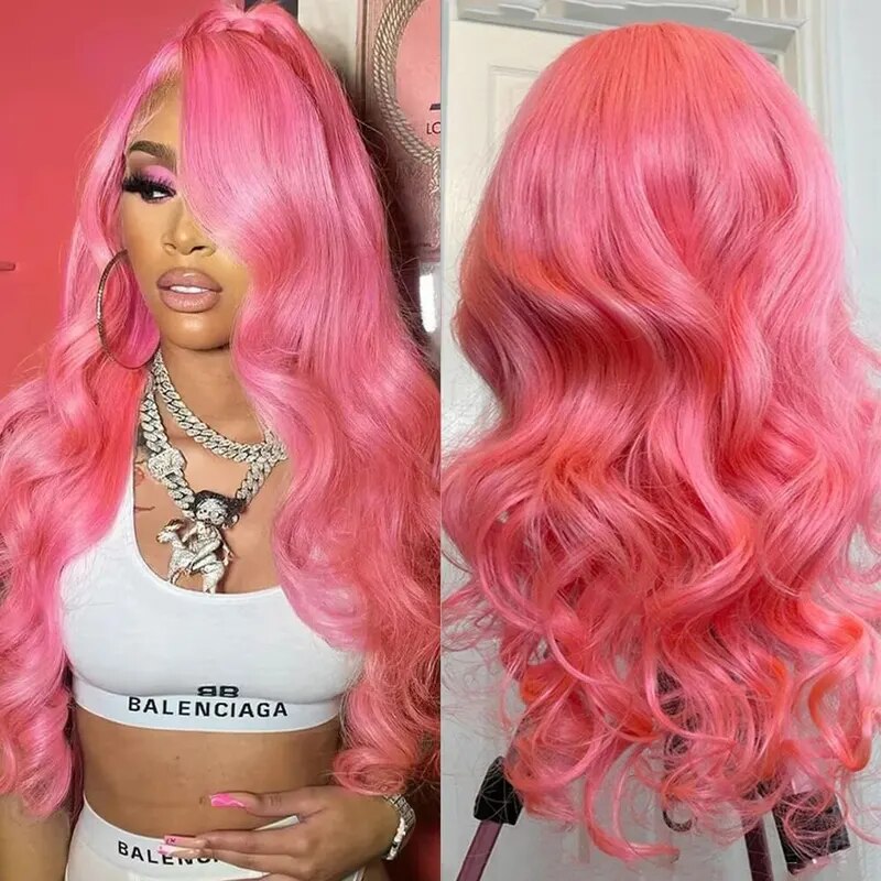 OneMore Barbie Pink Body Wave Wig 13x4 Transparent Lace Front Wig Colored Human Hair Wig
