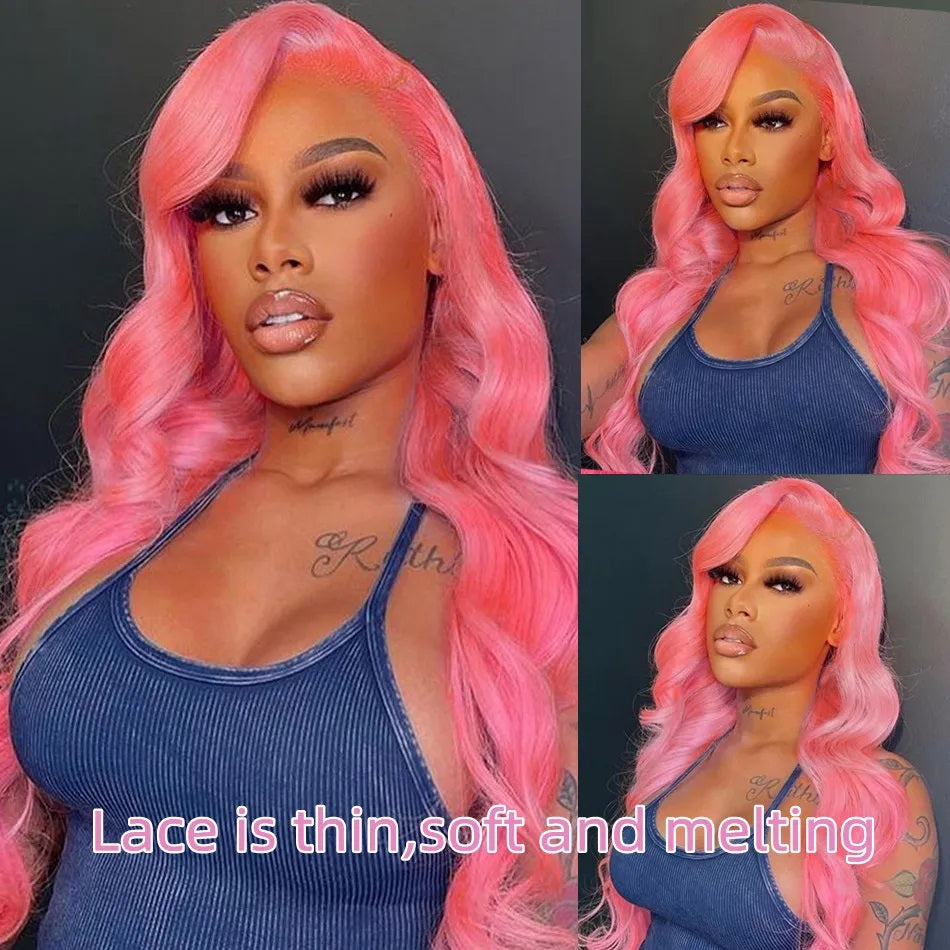 OneMore Barbie Pink Body Wave Wig 13x4 Transparent Lace Front Wig Colored Human Hair Wig
