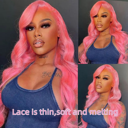 OneMore Barbie Pink Body Wave Wig 13x4 Transparent Lace Front Wig Colored Human Hair Wig