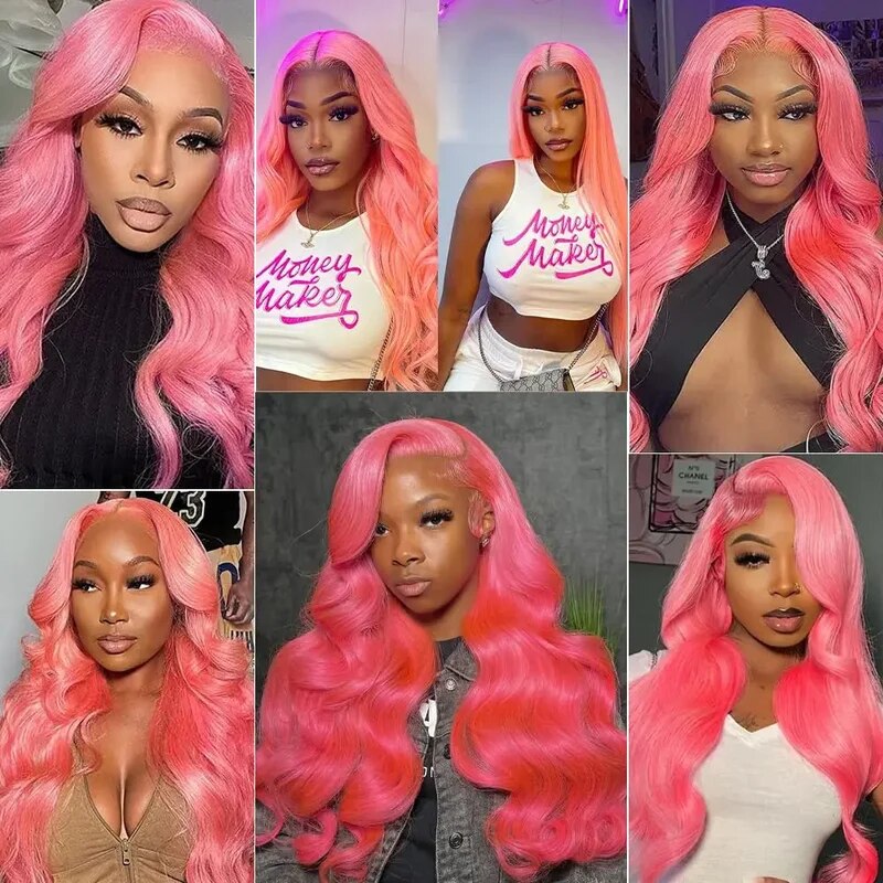 OneMore Barbie Pink Body Wave Wig 13x4 Transparent Lace Front Wig Colored Human Hair Wig
