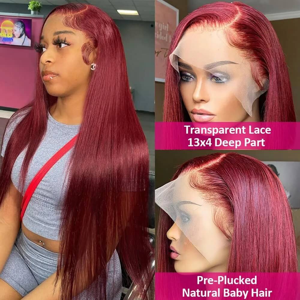 OneMore Burgundy Hair Straight Human Hair Wigs Transparent 13x4 Lace Front Wig Pre Plucked