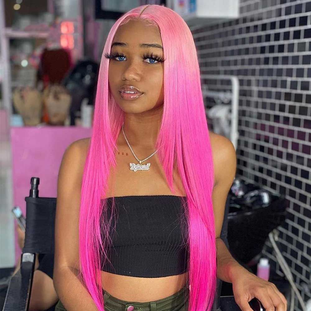 OneMore 200% Density Ombre Barbie Rose Pink Wig Real Straight Human Hair Wig Lace Front Wigs Pre-Plucked