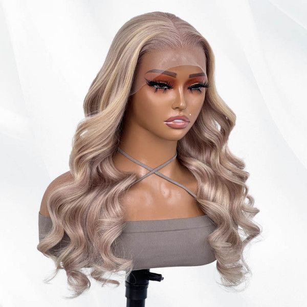 Ash Blonde Highlights Body Wave Lace Front Wig Transparent Lace Blonde Hair P10/613 Color