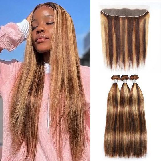Honey Blonde Highlight Bundles with 13x4 Lace Frontal Closure Straight Human Hair Bundles
