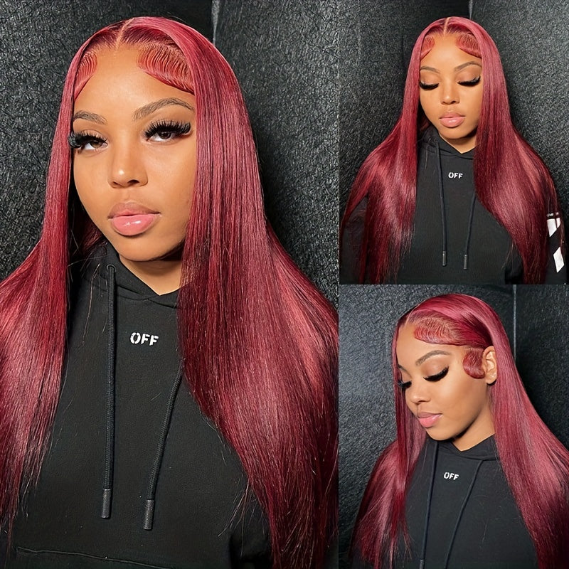 OneMore Burgundy Hair Straight Human Hair Wigs Transparent 13x4 Lace Front Wig Pre Plucked