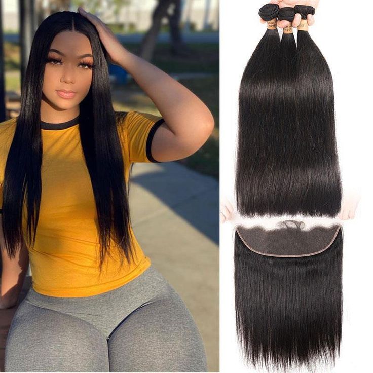 Straight Hair Bundles with Frontal Peruvian Human Hair 3 Bundles with 13x4 Lace Frontal Closure