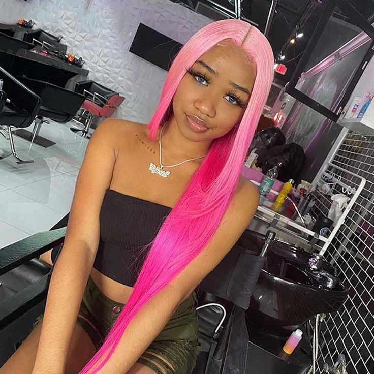OneMore 200% Density Ombre Barbie Rose Pink Wig Real Straight Human Hair Wig Lace Front Wigs Pre-Plucked
